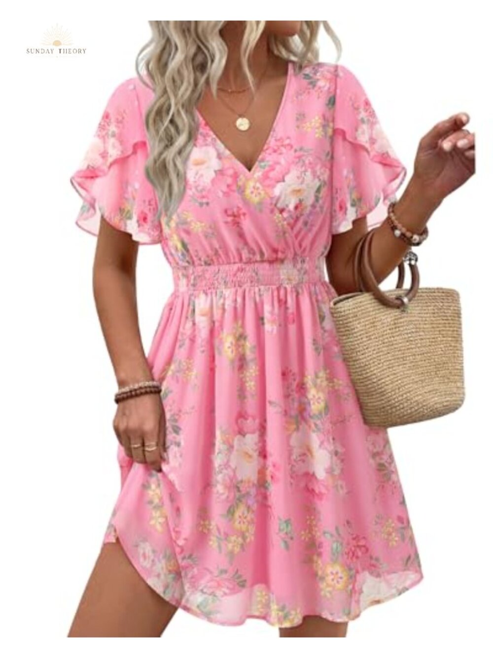 Womens V-Neck Chiffon Ruffle Sleeve Knee-Length A-Line Dress Boho Floral